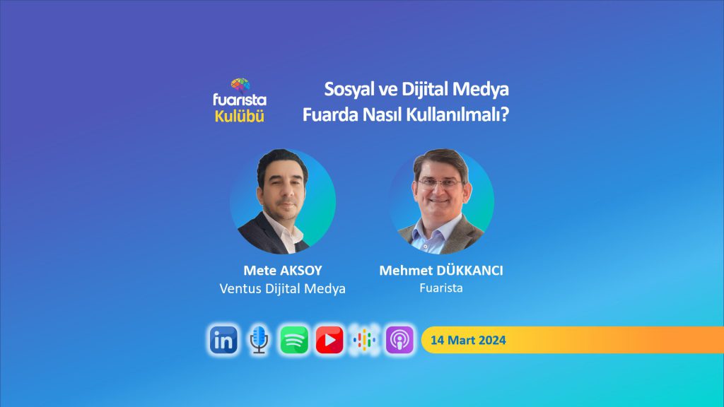 Sosyal ve dijital medya fuarlarda nasıl kullanılmalı? Fuar organizatörleri, fuarı düzenlerken sosyal medya ve dijital medyadan nasıl yararlanıyorlar? Nasıl daha iyi yararlanabilirler? Fuar katılımcıları sosyal medyadan nasıl yararlanabilirler? Ne zaman paylaşım yapmaları gerekir? Hangi mecrayı kullanmaları gerekir? Hangi mecra fuarlarda daha etkili?

Fuarista kulübünün 8. buluşmasını 14 Mart Perşembe akşamı saat 21:00 de Linkedin Sesli Etkinlik olarak düzenledik. Konuğumuz Ventus Dijital Medya'dan, Mete Aksoy ile sohbet ettik.  %100 canlı gerçekleşen etkinliğimizin canlı kaydını podcast kanallarımızdan dinleyebilirsiniz.
