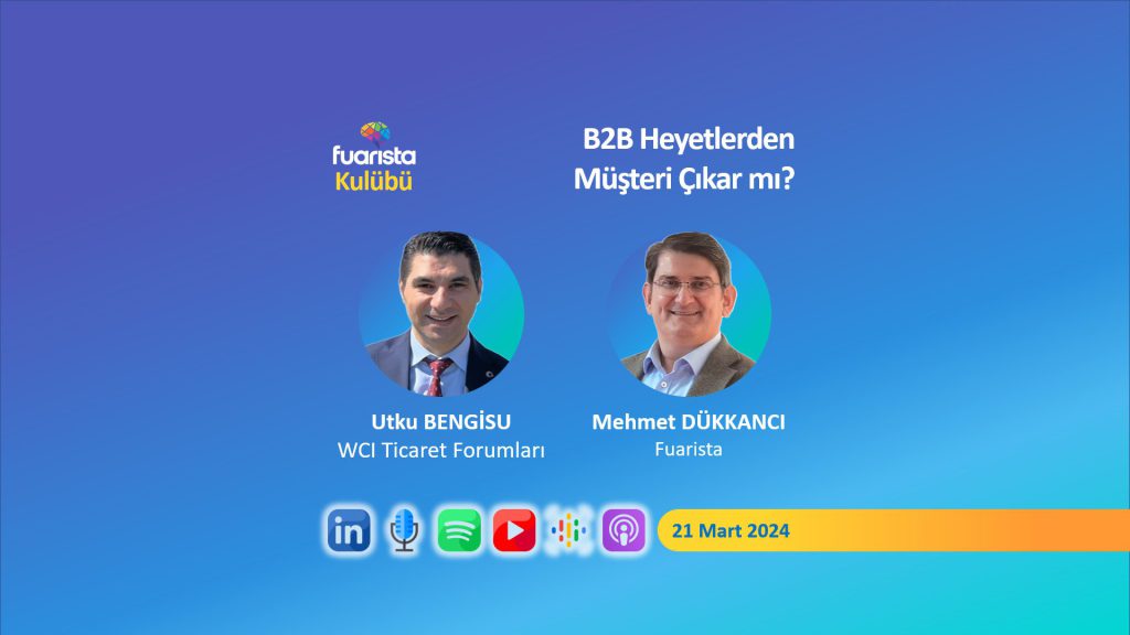 B2B etkinliklerinden müşteri çıkar mı? Şirketler neden Fuarlara değil de B2B etkinliklerine rağbet ediyor? Fuardan farkı nedir? Kim düzenliyor? dünyanın hangi bölgelerinden insanlar geliyor? Bu insanlar davet edilirken nasıl seçiliyor? Seçilenler nasıl belirleniyor? Başvuranlar nasıl kabul ediliyor? B2B görüşme alanlarında nasıl bir çalışma gerçekleşiyor? Müşteri nasıl bulunuyor? Satış nasıl gerçekleşiyor?

Fuarista kulübünün 9. buluşmasını 21 Mart Perşembe akşamı saat 21:00 de Linkedin Sesli Etkinlik olarak düzenledik. Konuğumuz WCI Ticari Forumları düzenleyen, Utku BENGİSU ile sohbet ettik. %100 canlı gerçekleşen etkinliğimizin canlı kaydını podcast kanallarımızdan dinleyebilirsiniz.